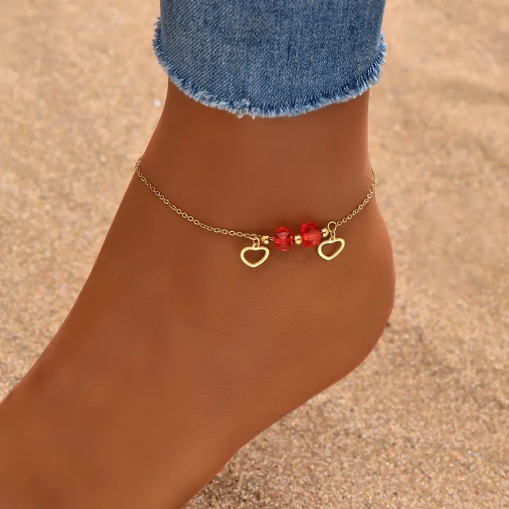 Gold Stainless Steel Anklet Heart Charm with Red Beads Adjustable Dainty Bra - Picture 5 of 12